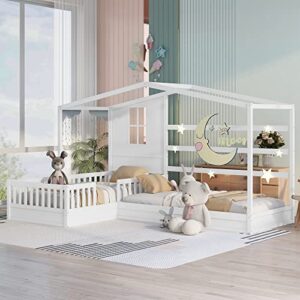 house beds for 2 kids twin size l-shape double platform bed wooden corner montessori bed frame with fence rails and decorative panels cabin/tent beds for boys girls teens, white