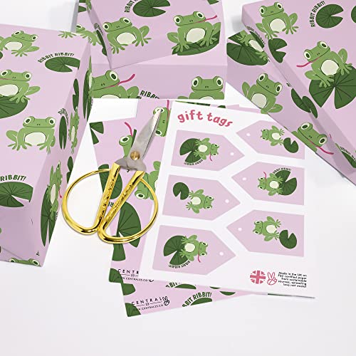 CENTRAL 23 All Occasion Wrapping Paper - 6 Sheets Pink and Green Gift Wrap - Cute Frogs - Vegan Ink - For Birthday, Christmas, Baby Shower - For Boys Girls Kids - Comes With Fun Stickers