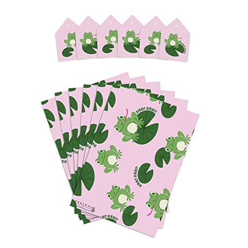 CENTRAL 23 All Occasion Wrapping Paper - 6 Sheets Pink and Green Gift Wrap - Cute Frogs - Vegan Ink - For Birthday, Christmas, Baby Shower - For Boys Girls Kids - Comes With Fun Stickers