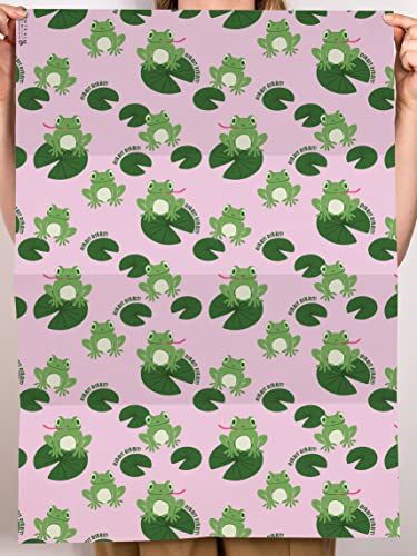 CENTRAL 23 All Occasion Wrapping Paper - 6 Sheets Pink and Green Gift Wrap - Cute Frogs - Vegan Ink - For Birthday, Christmas, Baby Shower - For Boys Girls Kids - Comes With Fun Stickers