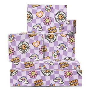 central 23 purple wrapping paper - boho birthday wrapping paper - 'good vibes' - 6 sheets gift wrap - for teens gen z girls - daisy rainbow funky - comes with fun stickers