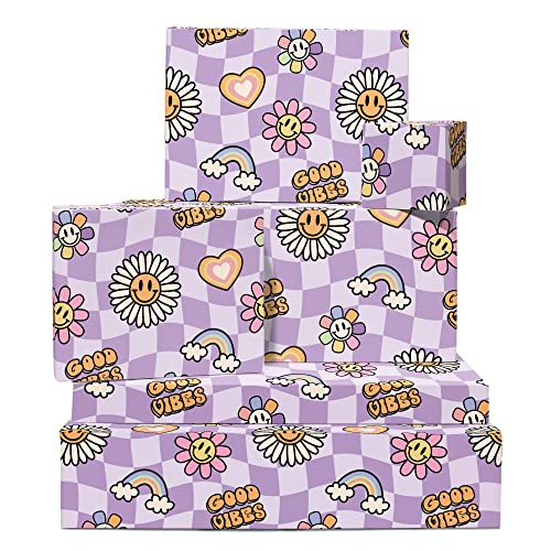 CENTRAL 23 Purple Wrapping Paper - Boho Birthday Wrapping Paper - 'Good Vibes' - 6 Sheets Gift Wrap - For Teens Gen Z Girls - Daisy Rainbow Funky - Comes With Fun Stickers