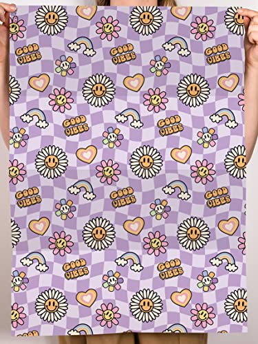 CENTRAL 23 Purple Wrapping Paper - Boho Birthday Wrapping Paper - 'Good Vibes' - 6 Sheets Gift Wrap - For Teens Gen Z Girls - Daisy Rainbow Funky - Comes With Fun Stickers