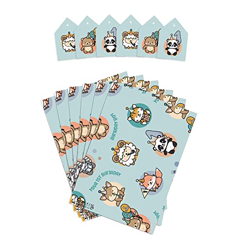 CENTRAL 23 Baby Boy Wrapping Paper - 1st Birthday - Age One - 6 Sheets Blue Gift Wrap - Comes With Fun Stickers