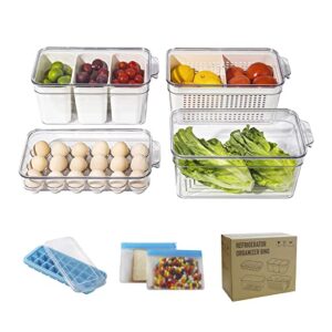Sunview 7Pack Fruit Containers for Fridge,Produce Saver Refrigerator Organizer Bins,Kitchen Food Storage with Removable Drain Colanders Fridge Organizer,with Ice Tray and Reusable Food Storage Bags