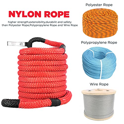 ATCWF 7/8" x 31.2' Tow Rope 29300 lbs Kinetic Recovery Rope,Nylon Double Braided Red Color,with 2 35000 lbs Spectra Fiber Soft Shackles and Storage Bag,for Off Road Vehicle,Pickup Truck,SUV,UTV,ATV