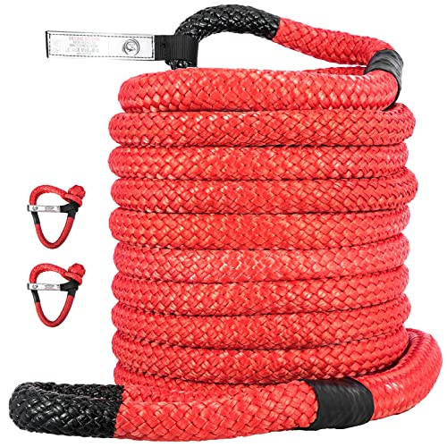 ATCWF 7/8" x 31.2' Tow Rope 29300 lbs Kinetic Recovery Rope,Nylon Double Braided Red Color,with 2 35000 lbs Spectra Fiber Soft Shackles and Storage Bag,for Off Road Vehicle,Pickup Truck,SUV,UTV,ATV