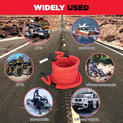 ATCWF 7/8" x 31.2' Tow Rope 29300 lbs Kinetic Recovery Rope,Nylon Double Braided Red Color,with 2 35000 lbs Spectra Fiber Soft Shackles and Storage Bag,for Off Road Vehicle,Pickup Truck,SUV,UTV,ATV