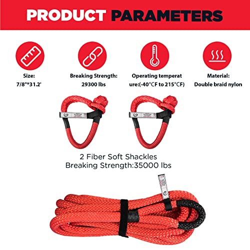 ATCWF 7/8" x 31.2' Tow Rope 29300 lbs Kinetic Recovery Rope,Nylon Double Braided Red Color,with 2 35000 lbs Spectra Fiber Soft Shackles and Storage Bag,for Off Road Vehicle,Pickup Truck,SUV,UTV,ATV