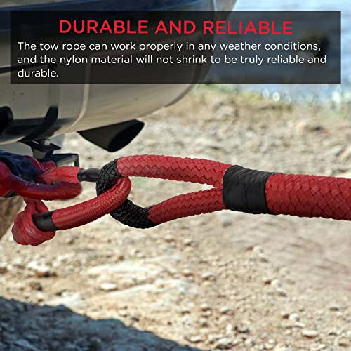 ATCWF 7/8" x 31.2' Tow Rope 29300 lbs Kinetic Recovery Rope,Nylon Double Braided Red Color,with 2 35000 lbs Spectra Fiber Soft Shackles and Storage Bag,for Off Road Vehicle,Pickup Truck,SUV,UTV,ATV