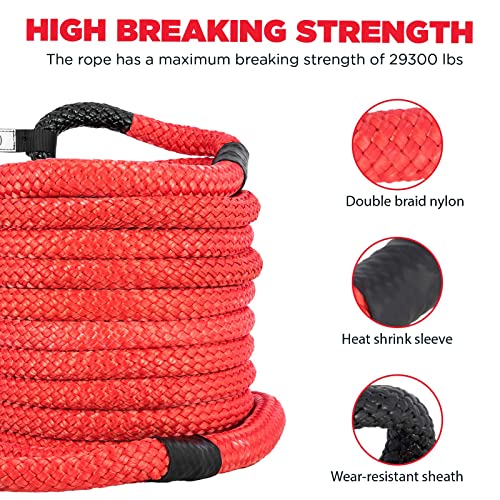 ATCWF 7/8" x 31.2' Tow Rope 29300 lbs Kinetic Recovery Rope,Nylon Double Braided Red Color,with 2 35000 lbs Spectra Fiber Soft Shackles and Storage Bag,for Off Road Vehicle,Pickup Truck,SUV,UTV,ATV