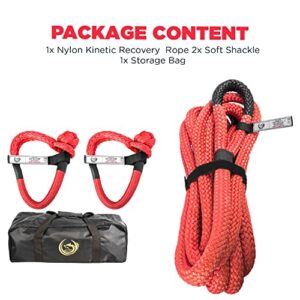 ATCWF 7/8" x 31.2' Tow Rope 29300 lbs Kinetic Recovery Rope,Nylon Double Braided Red Color,with 2 35000 lbs Spectra Fiber Soft Shackles and Storage Bag,for Off Road Vehicle,Pickup Truck,SUV,UTV,ATV