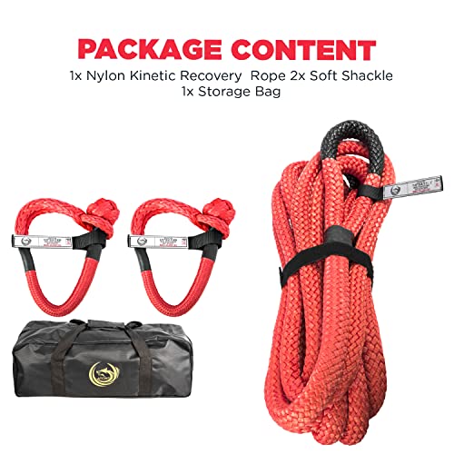 ATCWF 7/8" x 31.2' Tow Rope 29300 lbs Kinetic Recovery Rope,Nylon Double Braided Red Color,with 2 35000 lbs Spectra Fiber Soft Shackles and Storage Bag,for Off Road Vehicle,Pickup Truck,SUV,UTV,ATV