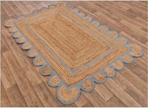 rangneel handloom scalloped sky blue border jute rugs, scallop boho decor handmade rectangle jute rug (2x3 feet)