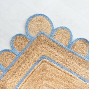 Rangneel Handloom Scalloped Sky Blue Border Jute Rugs, Scallop Boho Decor Handmade Rectangle Jute Rug (2x3 Feet)