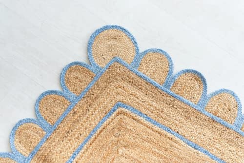 Rangneel Handloom Scalloped Sky Blue Border Jute Rugs, Scallop Boho Decor Handmade Rectangle Jute Rug (2x3 Feet)