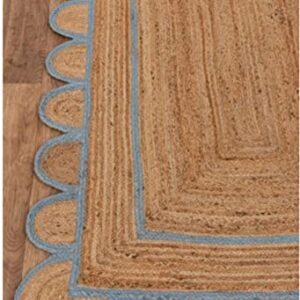 Rangneel Handloom Scalloped Sky Blue Border Jute Rugs, Scallop Boho Decor Handmade Rectangle Jute Rug (2x3 Feet)