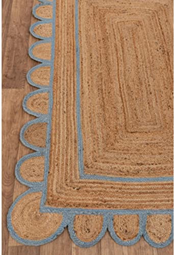 Rangneel Handloom Scalloped Sky Blue Border Jute Rugs, Scallop Boho Decor Handmade Rectangle Jute Rug (2x3 Feet)