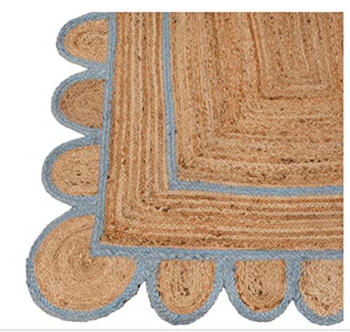 Rangneel Handloom Scalloped Sky Blue Border Jute Rugs, Scallop Boho Decor Handmade Rectangle Jute Rug (2x3 Feet)