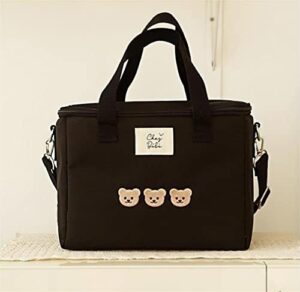 laureltree aesthetic kawaii cute lunch bag box with straps insulated waterproof durable for women girls kids office school (black-three bears)