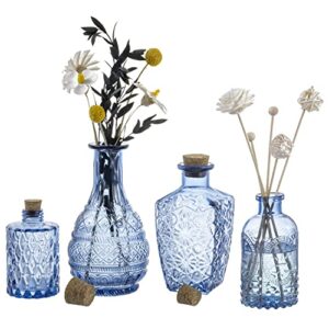 mygift small blue glass reed diffuser bottles - vintage embossed apothecary style flower bud vases with cork lids - assorted designs & sizes, set of 4