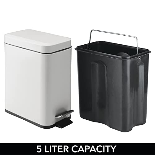 mDesign Small Modern 1.3 Gallon Rectangle Metal Lidded Step Trash Can, Compact Garbage Bin with Removable Liner Bucket and Handle for Bathroom, Kitchen, Craft Room, Office, Garage, 2 Pack, Light Gray