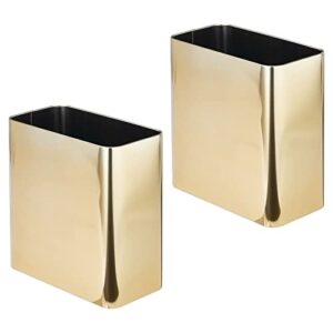 mdesign stainless steel slim rectangular metal 2.6 gallon/10 liter trash can wastebasket, garbage container bin for bathroom, bedroom, kitchen, home office; hold waste, recycling - 2 pack - soft brass