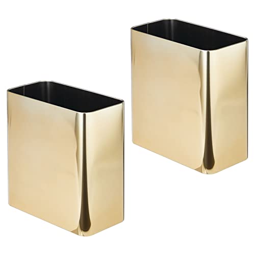 mDesign Stainless Steel Slim Rectangular Metal 2.6 Gallon/10 Liter Trash Can Wastebasket, Garbage Container Bin for Bathroom, Bedroom, Kitchen, Home Office; Hold Waste, Recycling - 2 Pack - Soft Brass