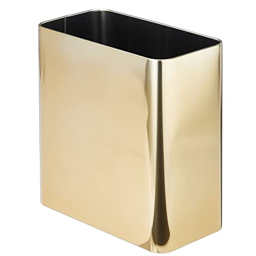 mDesign Stainless Steel Slim Rectangular Metal 2.6 Gallon/10 Liter Trash Can Wastebasket, Garbage Container Bin for Bathroom, Bedroom, Kitchen, Home Office; Hold Waste, Recycling - 2 Pack - Soft Brass