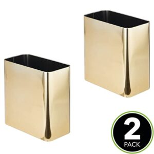 mDesign Stainless Steel Slim Rectangular Metal 2.6 Gallon/10 Liter Trash Can Wastebasket, Garbage Container Bin for Bathroom, Bedroom, Kitchen, Home Office; Hold Waste, Recycling - 2 Pack - Soft Brass