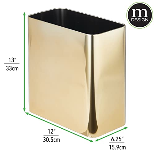 mDesign Stainless Steel Slim Rectangular Metal 2.6 Gallon/10 Liter Trash Can Wastebasket, Garbage Container Bin for Bathroom, Bedroom, Kitchen, Home Office; Hold Waste, Recycling - 2 Pack - Soft Brass