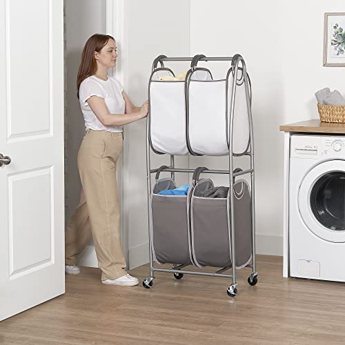 2 Tier Vertical Rolling Laundry Cart by Neatfreak! - Rolling Storage Cart On Wheels With 4 x Tote Hampers For Laundry, Towels, Blankets & Bathroom Organization - Quad Laundry Sorter