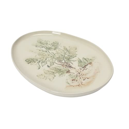 Creative Co-Op Oval Debossed Stoneware Platter, Cream and Green Reactive Glaze, 14''L x 10''W x 1''H