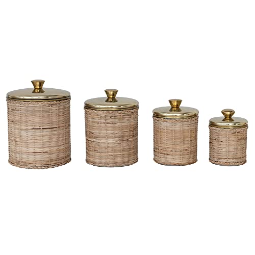 Creative Co-Op Rattan Wrapped Stainless Steel Canisters, Set of 4, Brass Finish Food Storage, 6" L x 6" W x 9" H, Natural