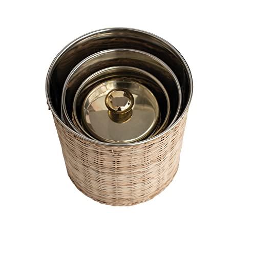 Creative Co-Op Rattan Wrapped Stainless Steel Canisters, Set of 4, Brass Finish Food Storage, 6" L x 6" W x 9" H, Natural