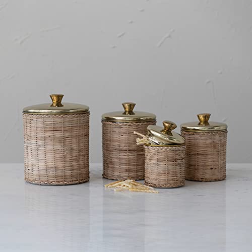 Creative Co-Op Rattan Wrapped Stainless Steel Canisters, Set of 4, Brass Finish Food Storage, 6" L x 6" W x 9" H, Natural