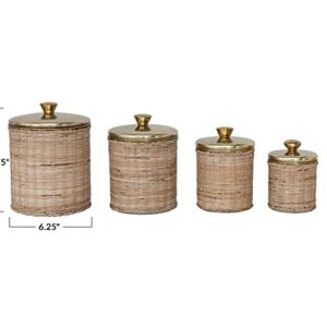 Creative Co-Op Rattan Wrapped Stainless Steel Canisters, Set of 4, Brass Finish Food Storage, 6" L x 6" W x 9" H, Natural