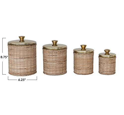 Creative Co-Op Rattan Wrapped Stainless Steel Canisters, Set of 4, Brass Finish Food Storage, 6" L x 6" W x 9" H, Natural