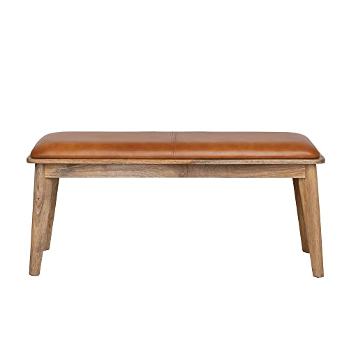 Bloomingville Mango Wood and Leather Upholstered Bench, Natural and Camel Seating, 43" L x 15" W x 20" H, Natural & Brown