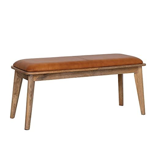 Bloomingville Mango Wood and Leather Upholstered Bench, Natural and Camel Seating, 43" L x 15" W x 20" H, Natural & Brown