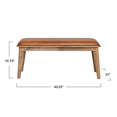 Bloomingville Mango Wood and Leather Upholstered Bench, Natural and Camel Seating, 43" L x 15" W x 20" H, Natural & Brown