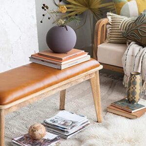 Bloomingville Mango Wood and Leather Upholstered Bench, Natural and Camel Seating, 43" L x 15" W x 20" H, Natural & Brown