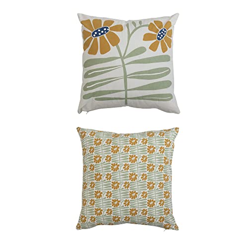 Creative Co-Op Creative Co-Op Cotton Printed Pillow with Flowers, Embroidery and Floral Printed Back, Set of 2 Styles