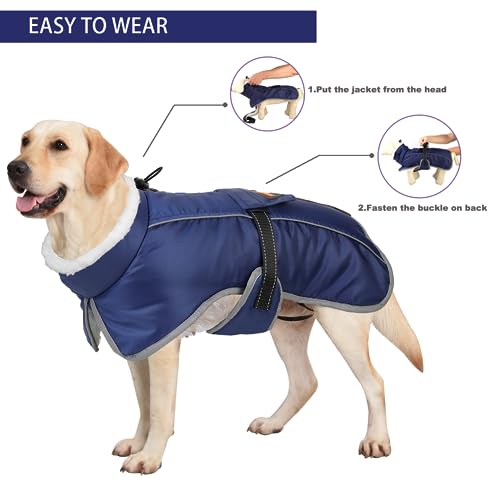 Mklhgty Dog Coat, Reflective & Adjustable Dog Winter Coat with Buckle Fleece Turtleneck for Small Medium Large Dogs, Windproof Waterproof Snow Jacket Vest with Leash Hole for Cold Weather