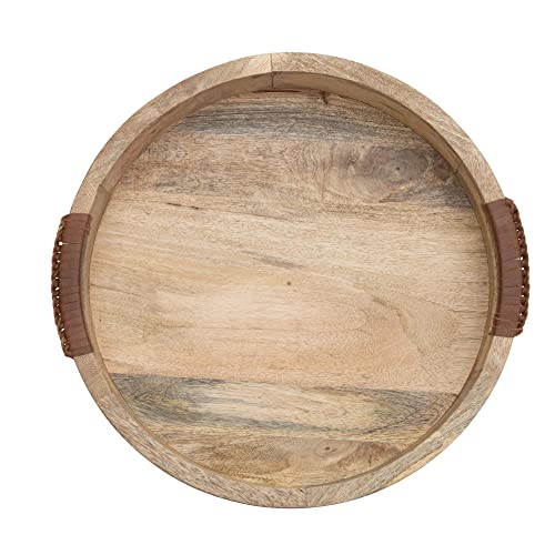 Creative Co-Op Mango Wood Tray with Leather Wrapped Handles, Natural Serveware, 16" L x 16" W x 3" H