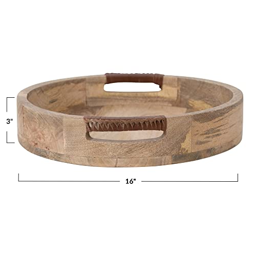 Creative Co-Op Mango Wood Tray with Leather Wrapped Handles, Natural Serveware, 16" L x 16" W x 3" H