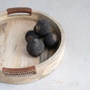 Creative Co-Op Mango Wood Tray with Leather Wrapped Handles, Natural Serveware, 16" L x 16" W x 3" H