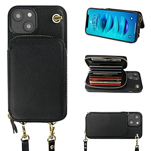 Bocasal Crossbody Wallet Case for iPhone 14, RFID Blocking Leather Purse Case with Card Holder, Protective Handbag Flip Cover with Zipper Wrist Strap Lanyard for Women 5G 6.1 Inch (Black)