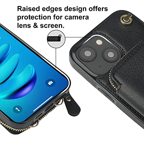 Bocasal Crossbody Wallet Case for iPhone 14, RFID Blocking Leather Purse Case with Card Holder, Protective Handbag Flip Cover with Zipper Wrist Strap Lanyard for Women 5G 6.1 Inch (Black)