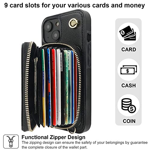 Bocasal Crossbody Wallet Case for iPhone 14, RFID Blocking Leather Purse Case with Card Holder, Protective Handbag Flip Cover with Zipper Wrist Strap Lanyard for Women 5G 6.1 Inch (Black)